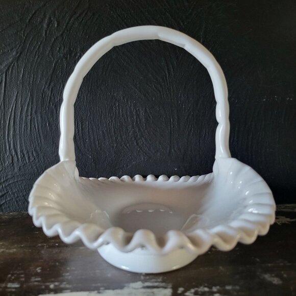 Fenton White Milk Glass Hobnail Ruffled Basket Vtg Wedding, Easter Decor 12.875" - Picture 2 of 6